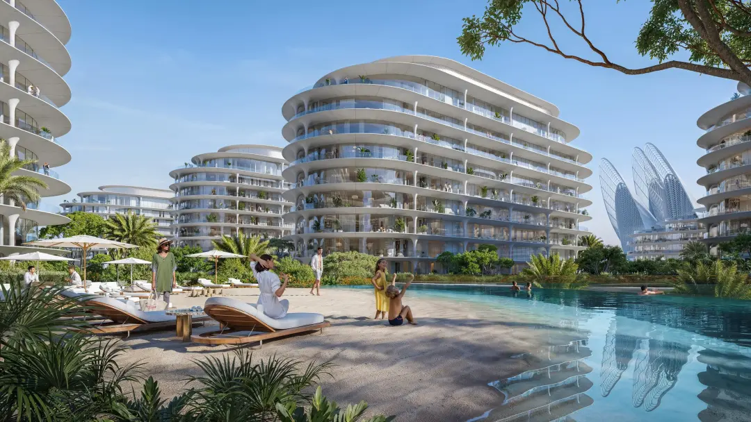 Modern architectural design of The Row Saadiyat featuring elegant waterfront surroundings and luxury residential community
