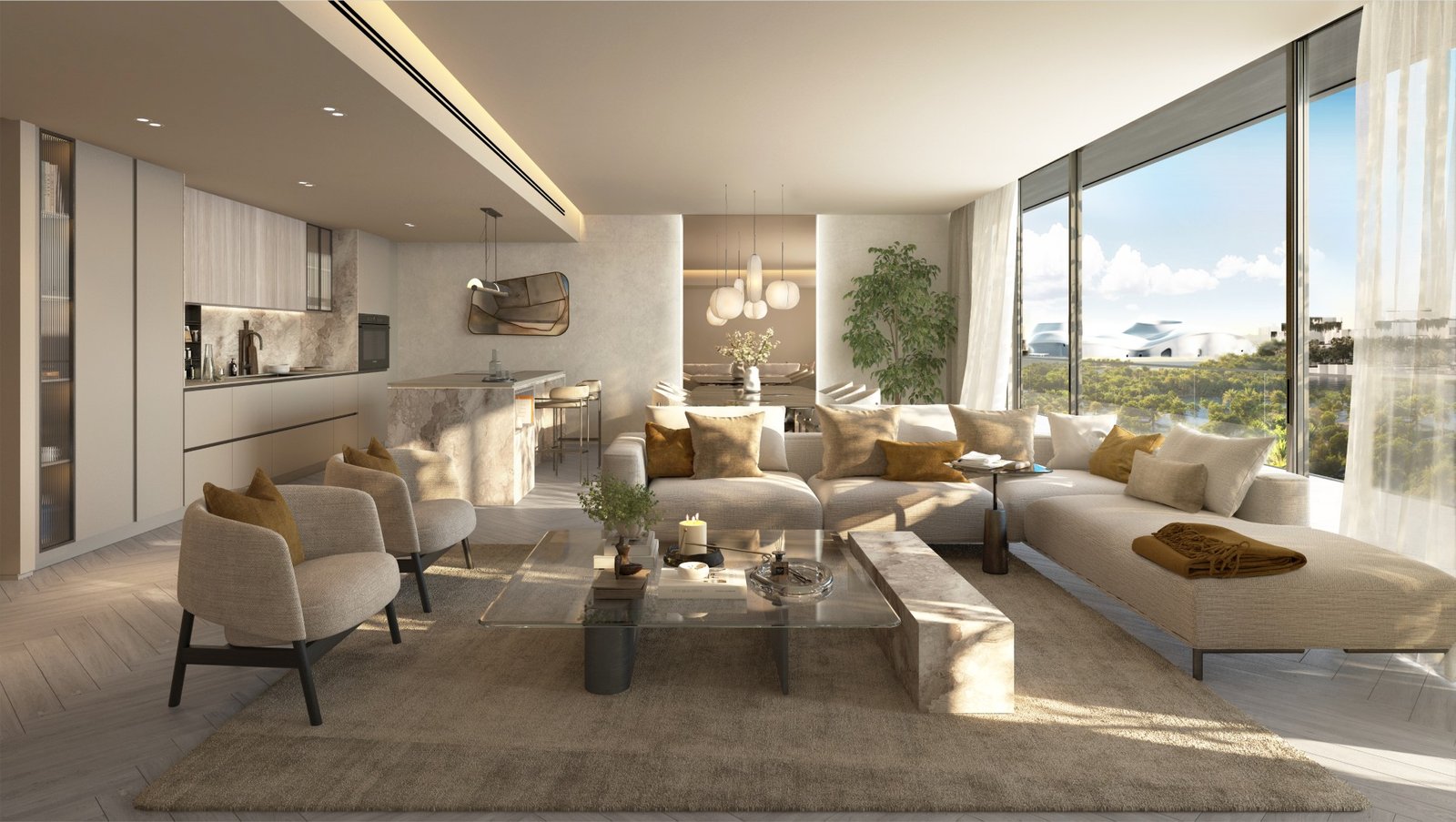 Modern apartment interiors with floor-to-ceiling windows and natural light at The Source Terraces Abu Dhabi